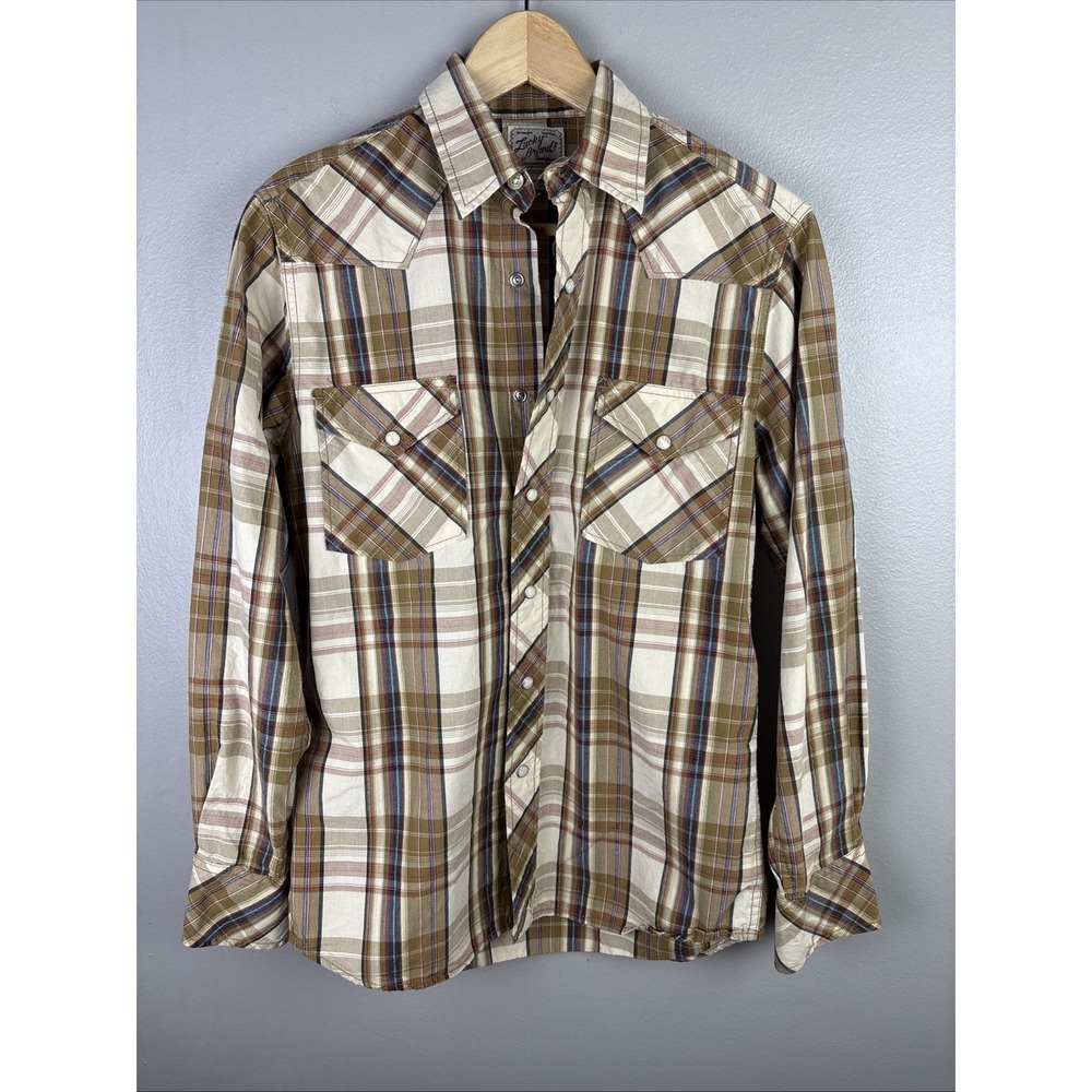 Lucky Brand Western Cowboy Shirt Size XS Long Sleeve Pearl Snap Gold Piping